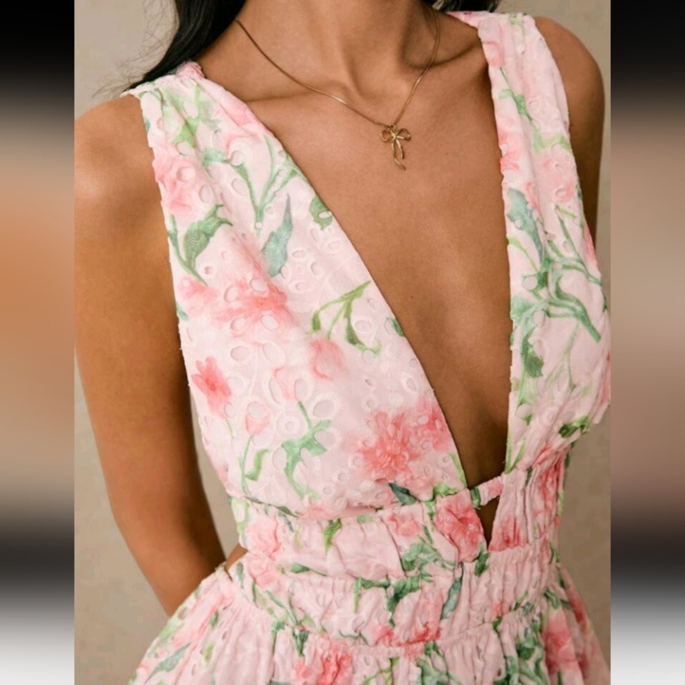 Women's Floral Print Deep V Neck Sleeveless Mini Dress For Vacation - Picture 4 of 4